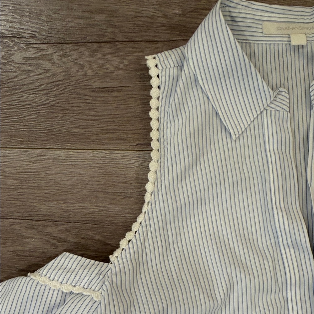 Jonathan Simkhai Blue and White Striped Cold Shoulder Blouse - Picture 3 of 6
